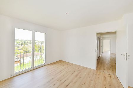 Blick vom Schlafzimmer aus dem Fenster und in den Korridor. Mietwohnung Hamburgpark in Menziken.